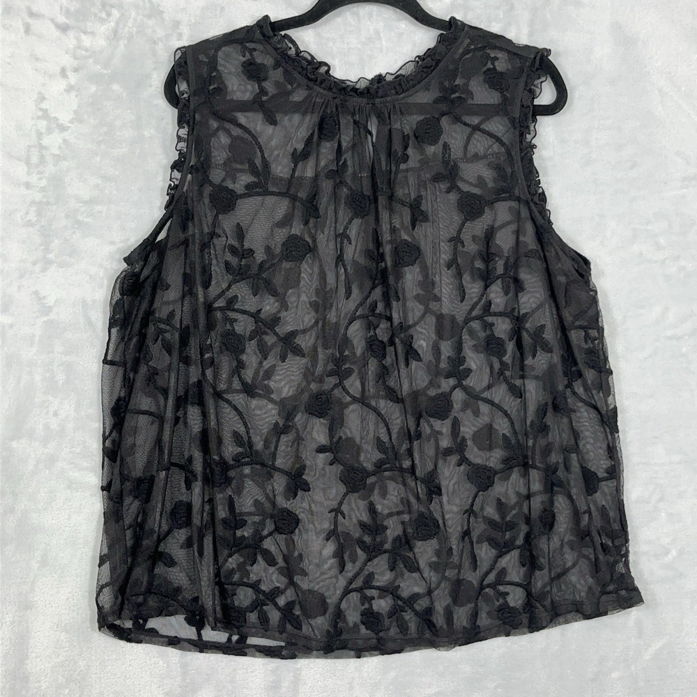 Torrid Mesh Top 1X Sleeveless Black‎ Sheer Floral Embroidered Ruffle Whimsigoth